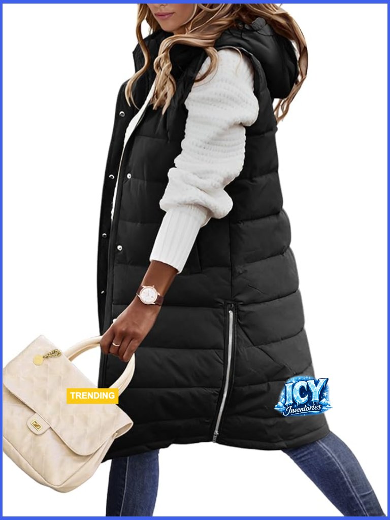 Long Quilted Puffer Vest Hooded Sleeveless Zip Up Winter Outerwear